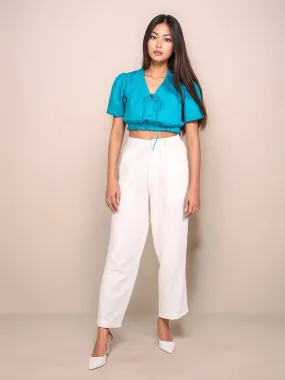 Teal Solid Short Sleeves Crop Top