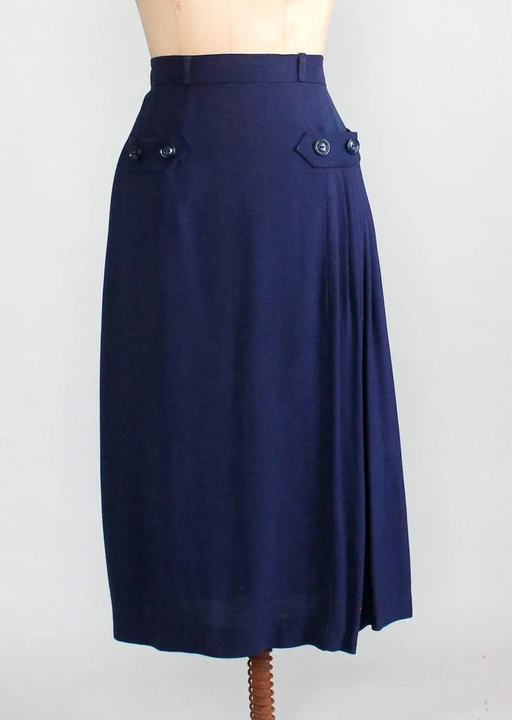 Vintage 1950s Navy Asymmetrical Pleat Skirt