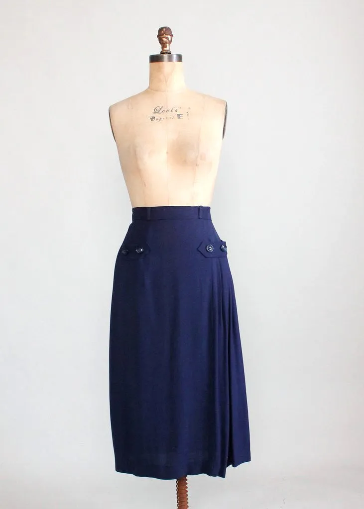 Vintage 1950s Navy Asymmetrical Pleat Skirt