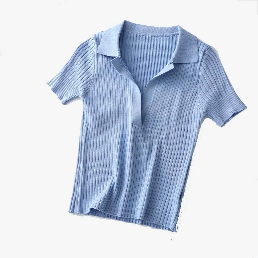 Vintage Polo Shirts Women Sexy Top Cropped Rib Short Sleeve