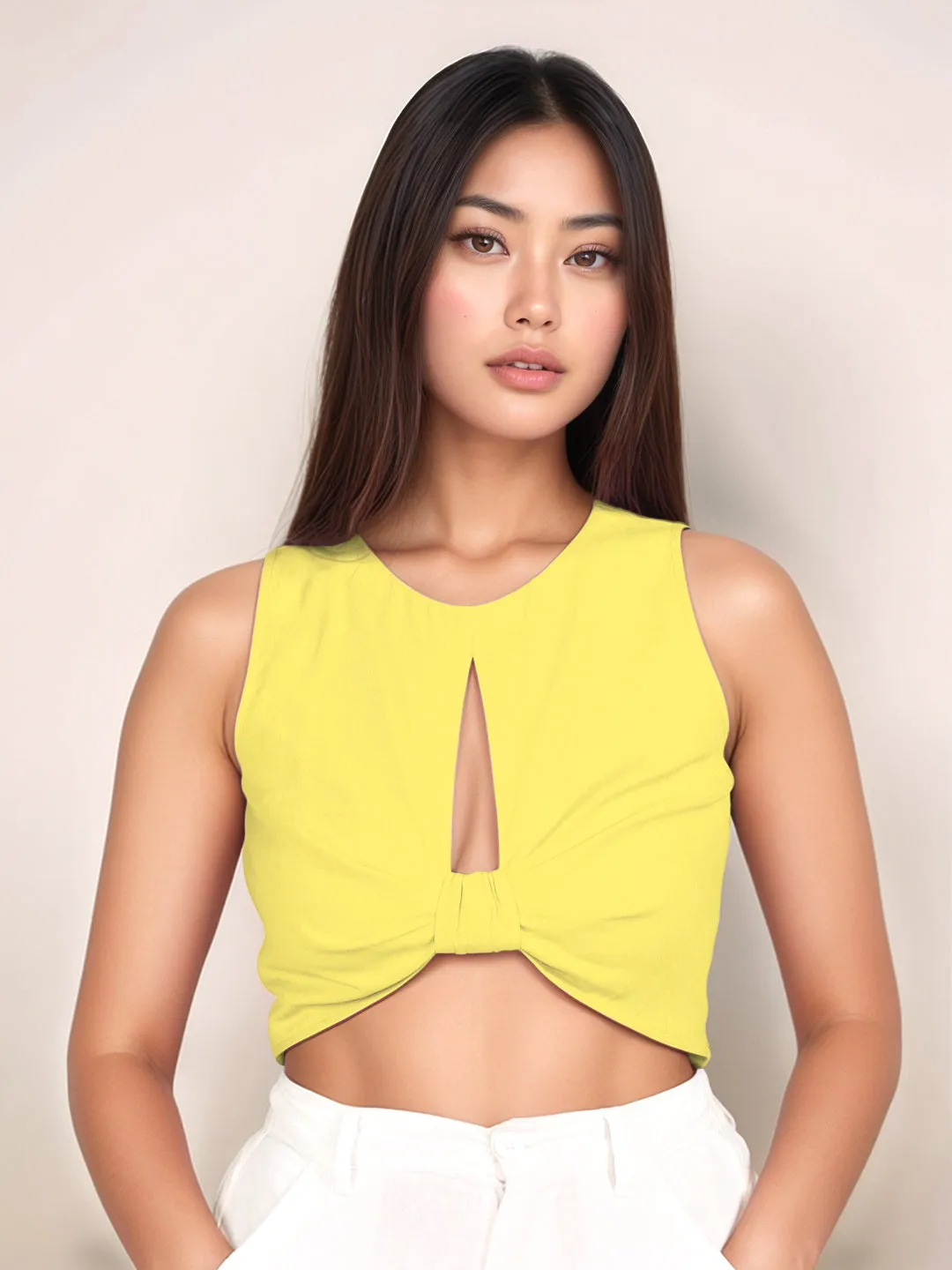 Yellow Solid Sleeveless Crop Top