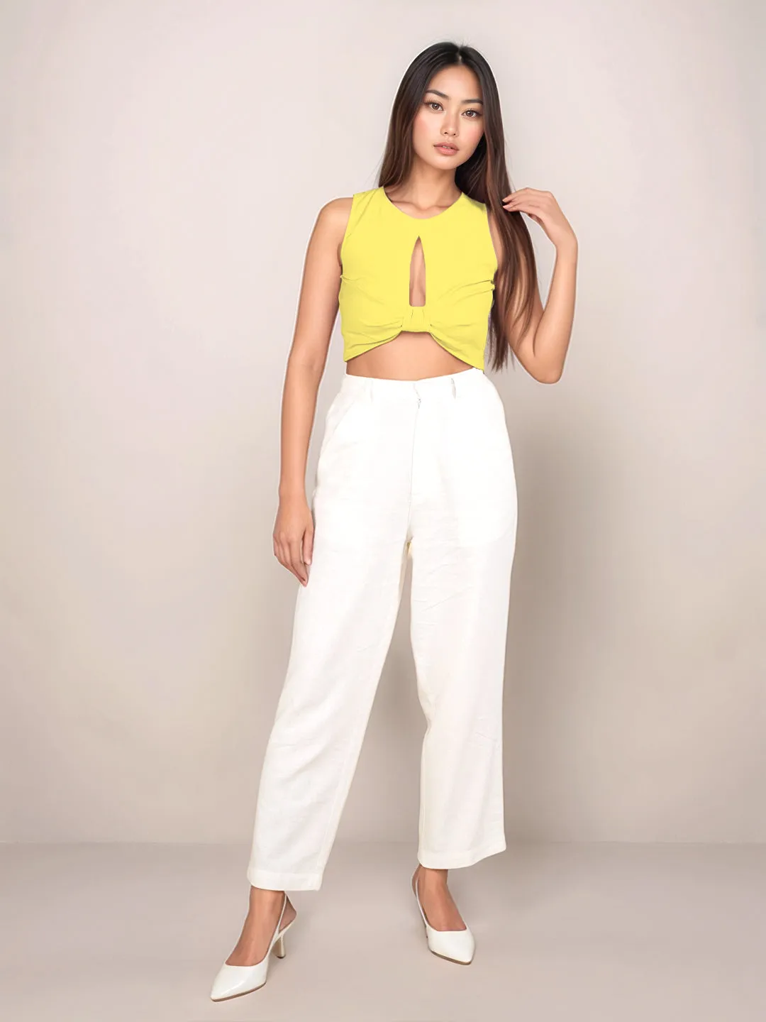 Yellow Solid Sleeveless Crop Top